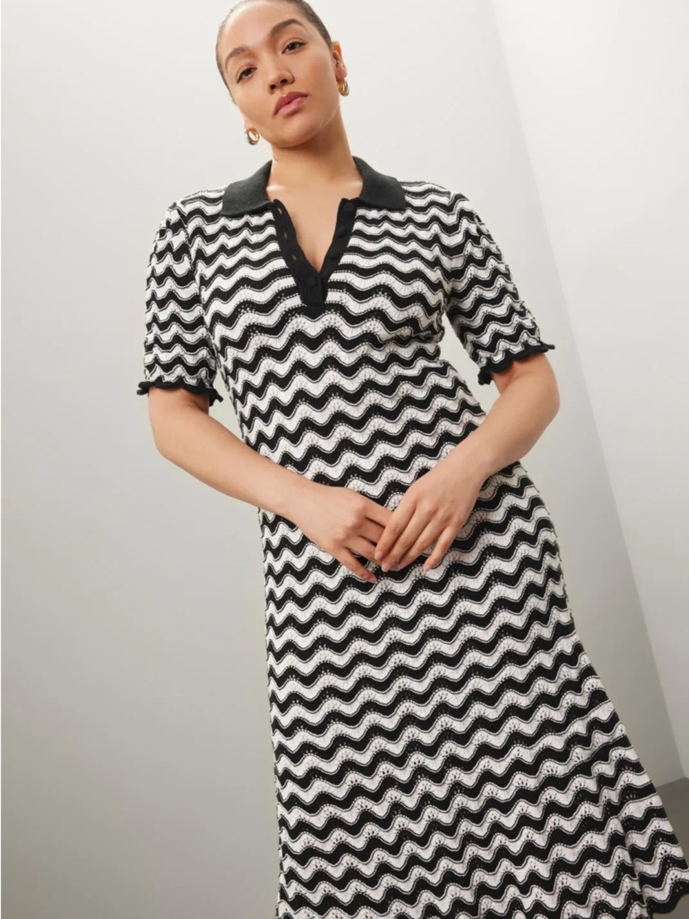 Derek Lam Black and White Wave Knit Polo Midi Dress